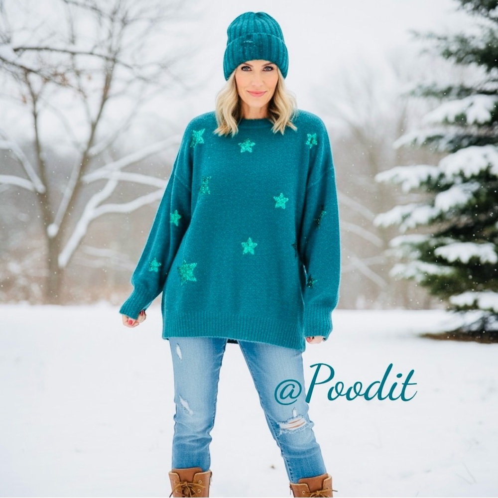 PEACH LOVE CALIFORNIA ever so soft sequin star teal sweater S M L